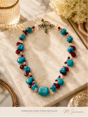 Artisan Jewelry Turquoise & Red Beaded Necklace | 18”